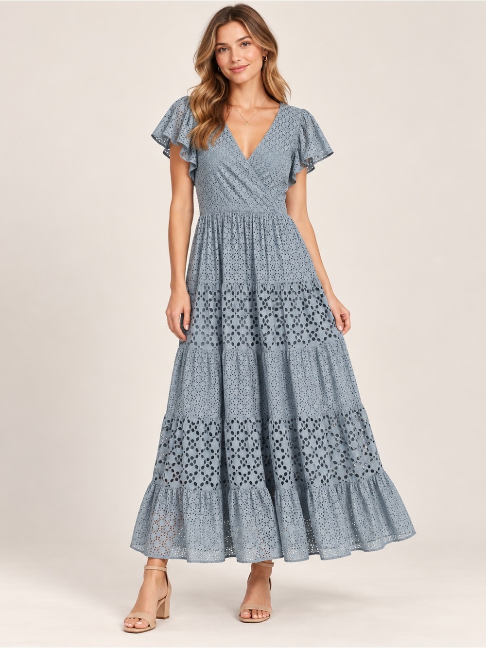 Lauren Ralph Lauren Dusty Blue Eyelet Wrap Maxi Dress